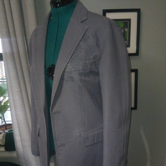INC Grey Denim-Style Tonal Striped Blazer with Chest Embroidery Sz M NWT - Picture 3 of 16